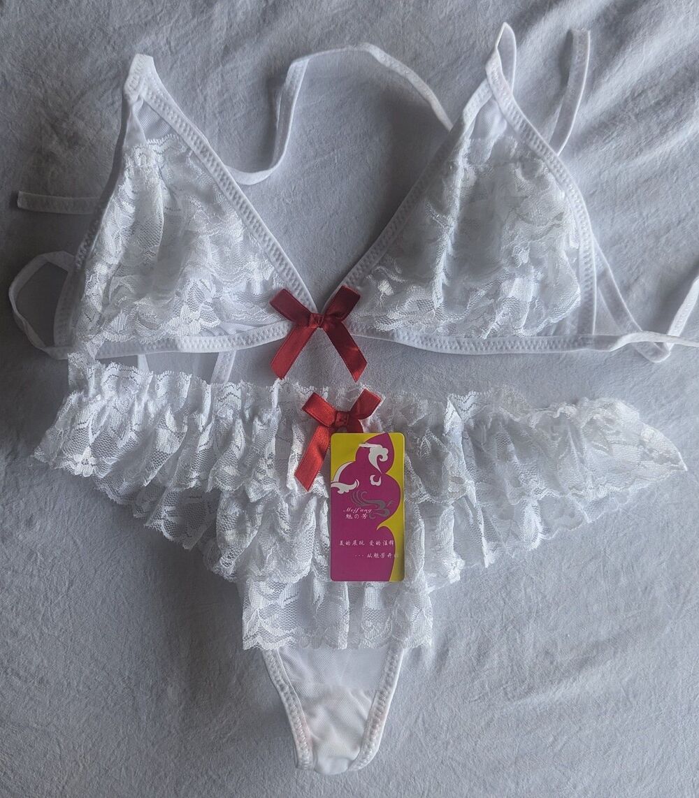 YaFee Sheer Lace Lingerie Set Bralette & Ruffled Thong White Bow